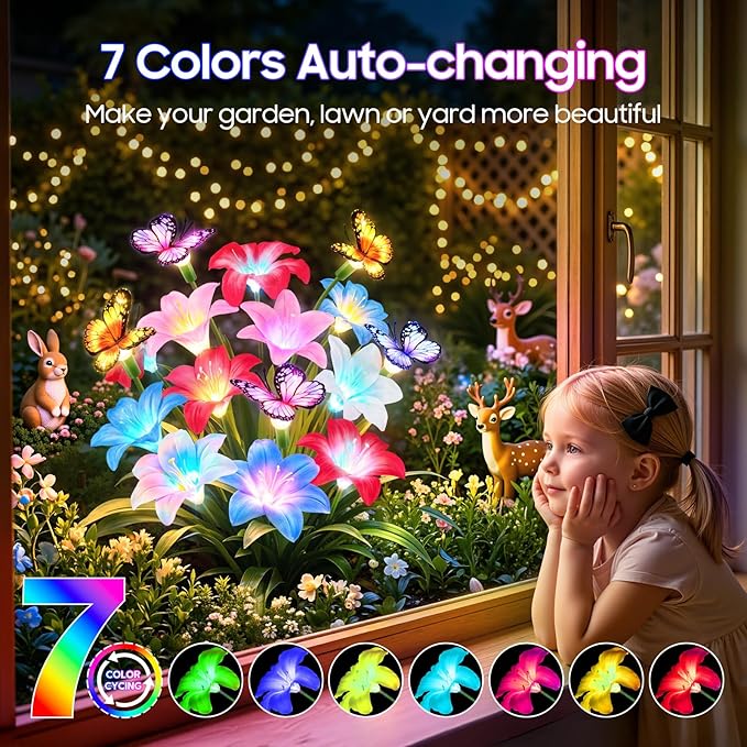 Solar Garden Lights Outdoor, 4 Pack Lily Solar Flowers with Butterfly, 32 LED 800mAh Waterproof Solar Flowers for Outside, 7 Color Changing Adjustable Stems for Yard Patio Garden Decor, Gift for Mom