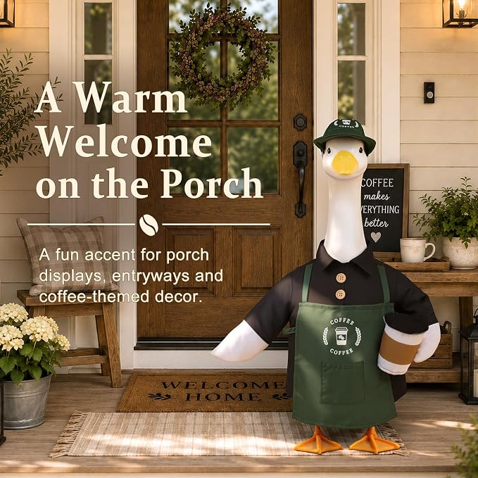 23 Inch Barista Porch Goose Outfits for Outdoor Garden Yard Decor | 3Pcs Coffee Theme Goose Clothes, Durable Weather-Resistant Fabric, Fun Decor Gift for Coffee Lovers