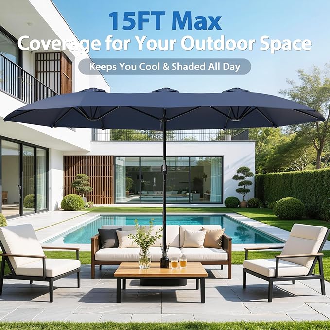 HOPERAN 15FT Patio Umbrella with Base Included, Large Outdoor Double-Sided Rectangle Table Umbrella with Easy Crank Lift, Market Umbrella for Backyard, Pool&Garden