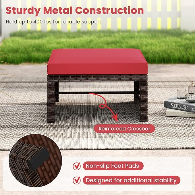 Tangkula 6 Pieces Patio Furniture Set, Outdoor Sectional Conversation PE Rattan Sofa Set with 1 Loveseat, 1 Coffee Table, 2 Armchairs and 2 Ottomans for Garden, Deck, Backyard and Poolside (Red)