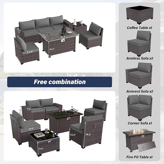 Patio Furniture Sectional Sofa Set 7-Pieces PE Rattan Patio Conversation Set w/43in Gas Fire Pit Table, Outdoor Furniture with 55000 BTU Propane Fire Pit, Grey