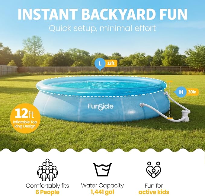 Funsicle Sea Thru Quickset Round Inflatable Ring Top Outdoor Above Ground Swimming Pool Set with Pump and Cartridge Filter for Outdoor Use, Blue