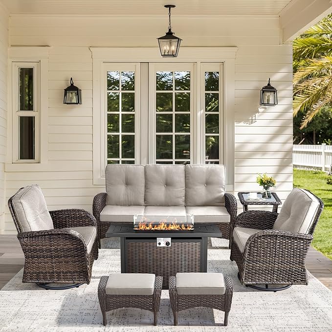 7 Pieces Outdoor Furniture with Fire Pit Deep Seating Wicker Patio Couch with Patio Swivel Chairs Outdoor Furniture Set for Deck Porch Garden Balcony Poolside-Brown/Beige