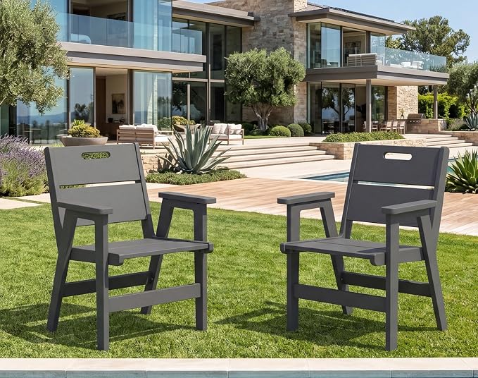 SERWALL 2-Pack HDPE Outdoor Patio Chairs, 19.69" Wide Ergonomic Dining Chairs, 330 LBS Heavy Duty All-Weather Arm Chairs for Backyard Deck Garden, Gray