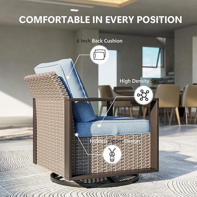 Patio Chairs Set of 2, Outdoor Swivel Rocker Patio Chairs, Metal Patio Furniture with Deep Seating, Thicken Cushions for Deck, Porch, Yard Use (Azure, 2 PCS/Swivel)