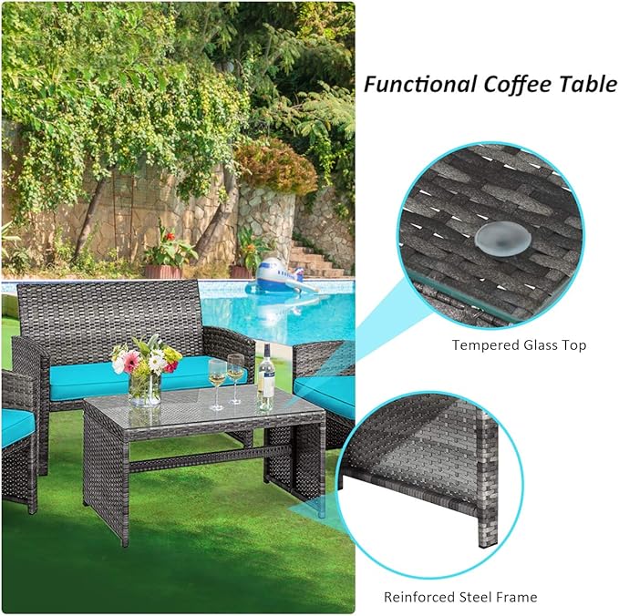 DORTALA 4 Piece Patio Furniture Set, Outdoor Wicker Conversation Set with Soft Cushions & Tempered Glass Coffee Table, Rattan Patio Sofa Bistro Sets for Courtyard Balcony, Turquoise