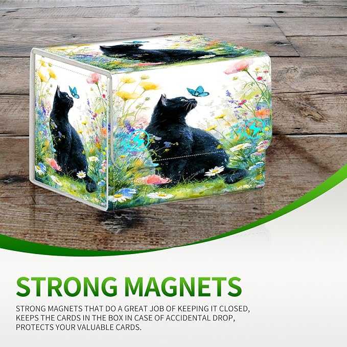 Card Deck Box for MTG, Cards Storage Box Fits 120+ Sleeved, Leather Small Size Strong Magnetic Closing Card Case for Board Games Magic TCG CCG Baseball Collection, Lawn Black Cat