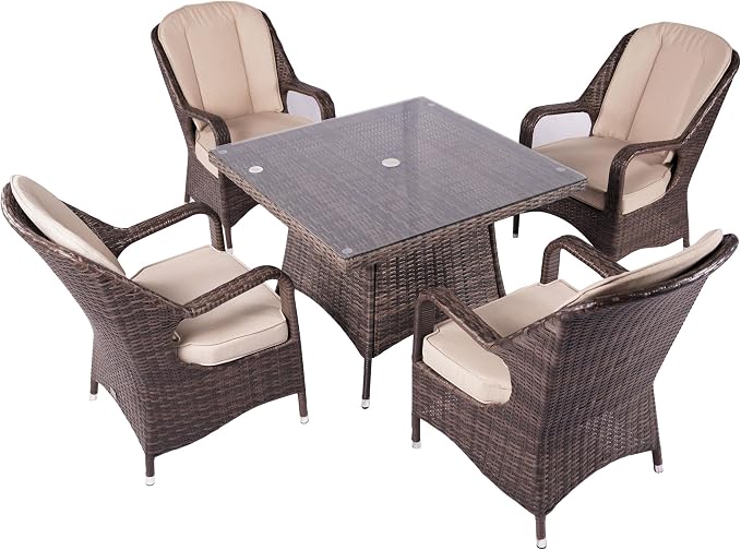 Patio 5-Pieces Brown Aluminum Outdoor Wicker Square Dining Table Set