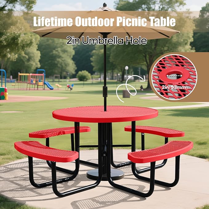 46 Inch Round Outdoor Metal Picnic Table, All-Weather Patio Dining Set for 6-8 Adults, Heavy Duty Steel with Central Umbrella Hole, Perfect for Garden, Backyard, Deck & Small Spaces - Easy Assembly