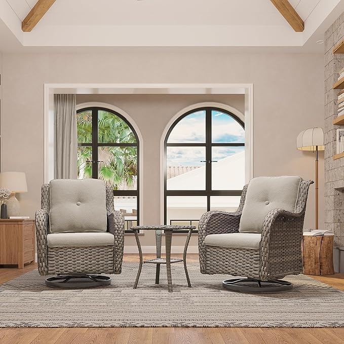 Outdoor 360 Degree Swivel Rocker Patio Chairs Set of 2 and Matching Side Table - 3 Piece Patio Wicker Glider Chairs with Olefin Cushion(Mixed Grey/Beige)