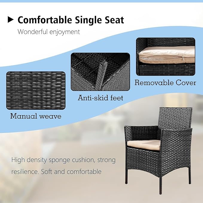 JAMFLY 4-Piece Outdoor Patio Furniture Set, PE Wicker Conversation Kit with Tempered Glass Table, All-Weather Seating for Small Porch, Balcony & Poolside, Washable Cushions, Black