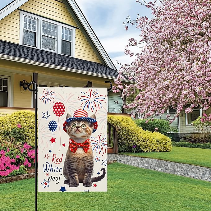 4th of July Garden Flags 12X18 IN Double Sided Red White Wroof Cat Garden Flag for Memorial Independence Farmhouse Yard Outside Decoration