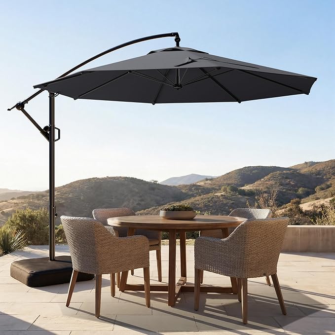 HOMSHADE 10ft Offset Patio Umbrella with Base Included, Cantilever Hanging Outdoor Market Umbrella UPF50+ UV Protection with Easy Tilt and Crank for Pool Deck and Garden (Grey)