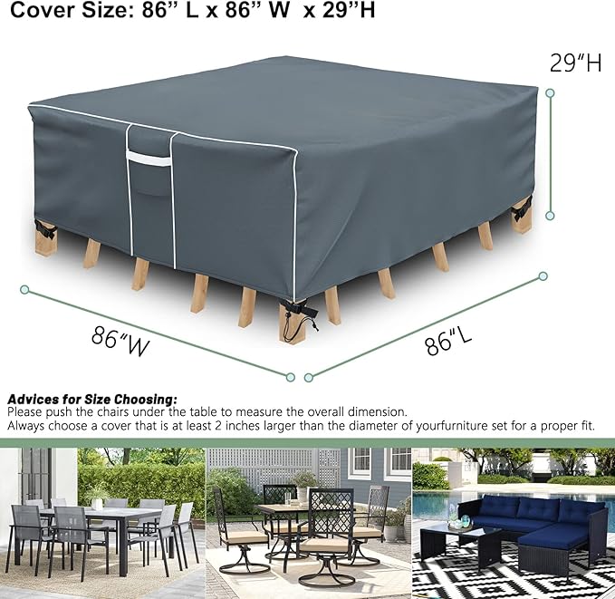 Gasadar Square Patio Heavy Duty Table Cover 600D, Outdoor Patio Sectional Furniture Cover Waterproof for Outdoor Dining Table and Chairs General Purpose, 86" L x 86" W x 29", Grey