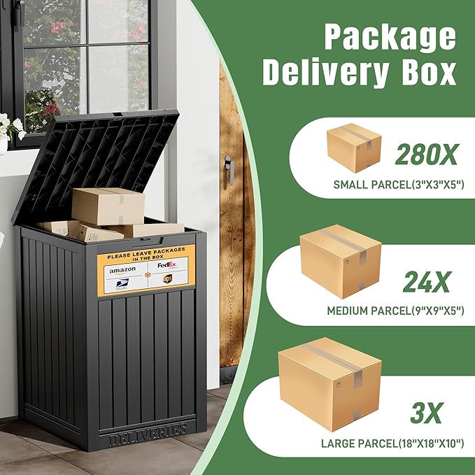 NUNU LAB Package Delivery Box for Outside, 48 Gallon Storage Deck Box with Lockable Secure, Waterproof Large Resin Drop Boxes for Porch