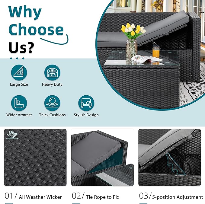 SUNLEI 3-Piece Patio Sectional Sofa, Patio Furniture Set with Detachable Soft Cushions, Outdoor PE Rattan Patio Conversation Sofa Set with Glass Coffee Table & Ottoman, Black Rattan/Grey