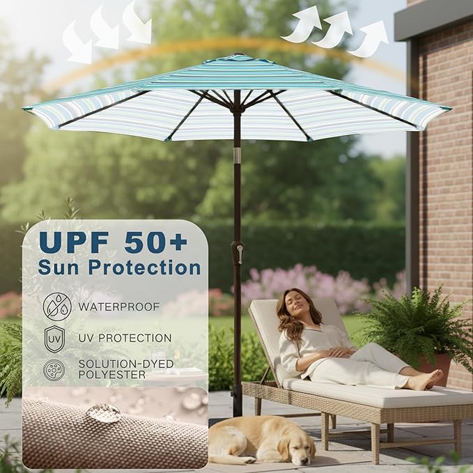 9' Solar LED Patio Umbrella with Tilt & Crank|8 Sturdy Ribs,UV Protection,Outdoor Market Table Umbrella for Deck,Lawn,Pool,Backyard (Blue Green Stripes)
