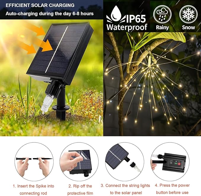 5 Pack Solar Firework Lights, 450 LED 8 Modes Dimmable Waterproof Hanging DIY Starburst Fairy Lights with Timer for Party Garden Indoor Outdoor Decoration (Warm White, 450)