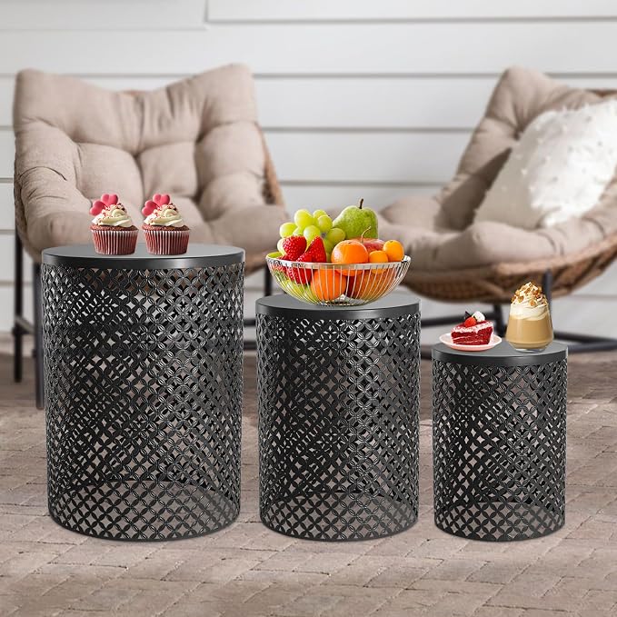 Metal Frame Accent Table,Cylindrical Outdoor Side Table,Decorative Garden Stool,Set of 3 Nesting Side Table,Modern Decorative Garden Stool for Patio Balconies Cafes Parks (3, Black)