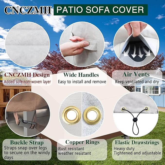 Heavy Duty Patio Sofa Covers Waterproof, Outdoor 3-Seater Couch Cover Waterproof, 600D Outdoor 2-Seater Loveseat Furniture Covers with Air Vent Handle 58''W x 32.5''D x 24''H/ 31''H Beige Brown