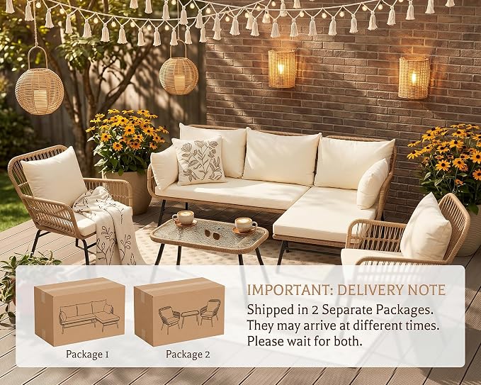 NICESOUL 5Pcs Boho Outdoor Patio Furniture Set, High Back L-Shaped Outdoor Couch with Side Table, 500lbs Sturdy Comfy Wicker Sectional Sofa for Garden Balcony Deck Porch or Backyard, Beige