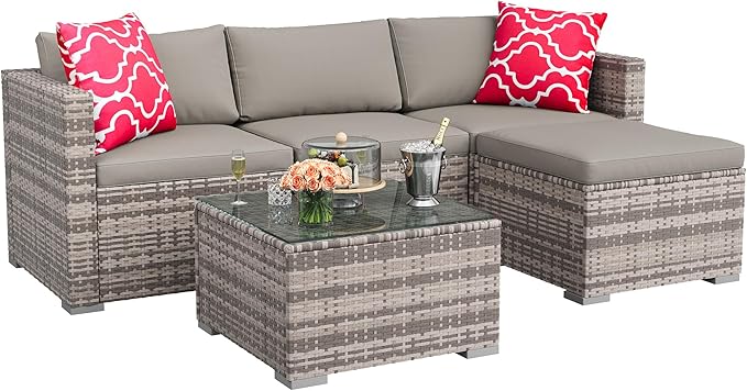 5-Piece Outdoor Sectional Sofa Set, All-Weather PE Rattan Patio Furniture with Ottoman & Tempered Glass Table, Convertible Garden Couch for Backyard, Porch, Poolside (Gray/Light Gray)
