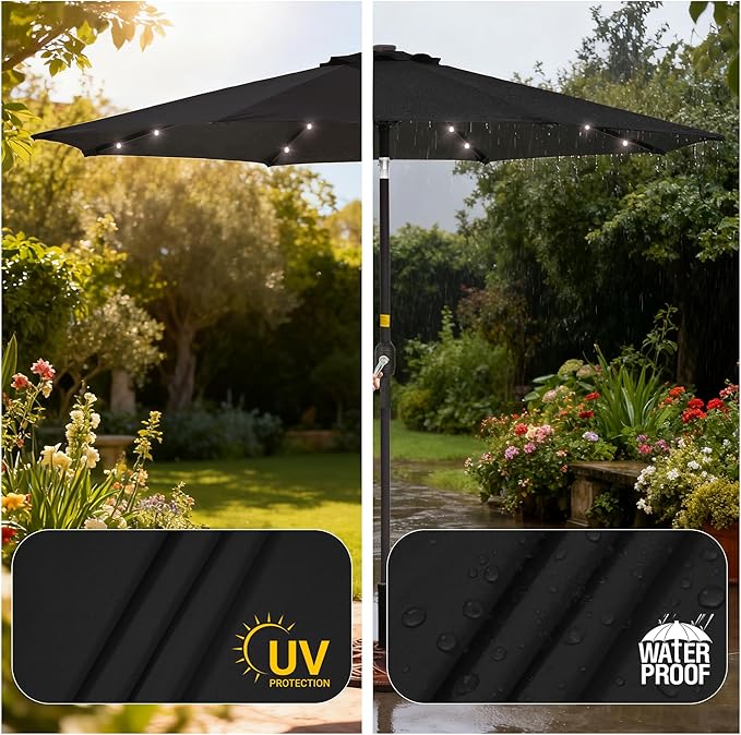 9ft Patio Umbrella Outdoor with Solar Lights,32 LED Lighted Table Market Umbrella with Tilt and Crank, 2-Year-Non-Fading, 8 Sturdy Ribs,for Pool, Deck, Garden,Backyard