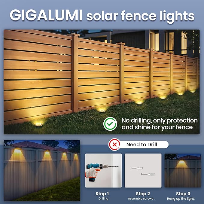GIGALUMI Solar In-Ground Fence Lights - No-Drill Fence Lighting Solution, Waterproof Perimeter Lights Compatible with Wood, Metal & Concrete Fences (16 Pack Warm White)