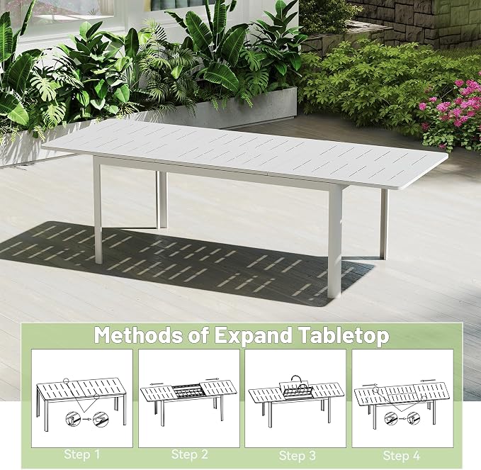 All Aluminum Expandable Patio Dining Table for 6-8 People, Extendable Outdoor Dining Room Table, All Weather Patio Furniture, Rectangular Metal Table with Adjustable Width 65"- 95", Ivory White