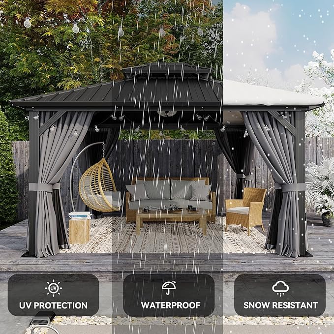 Aoxun 12x14 Hardtop Gazebo, Aluminum Frame Outdoor Gazebo with Double Galvanized Steel Roof, Large Patio Pavilion with Netting and Curtains, Backyard Gazebo for Patio Deck Garden