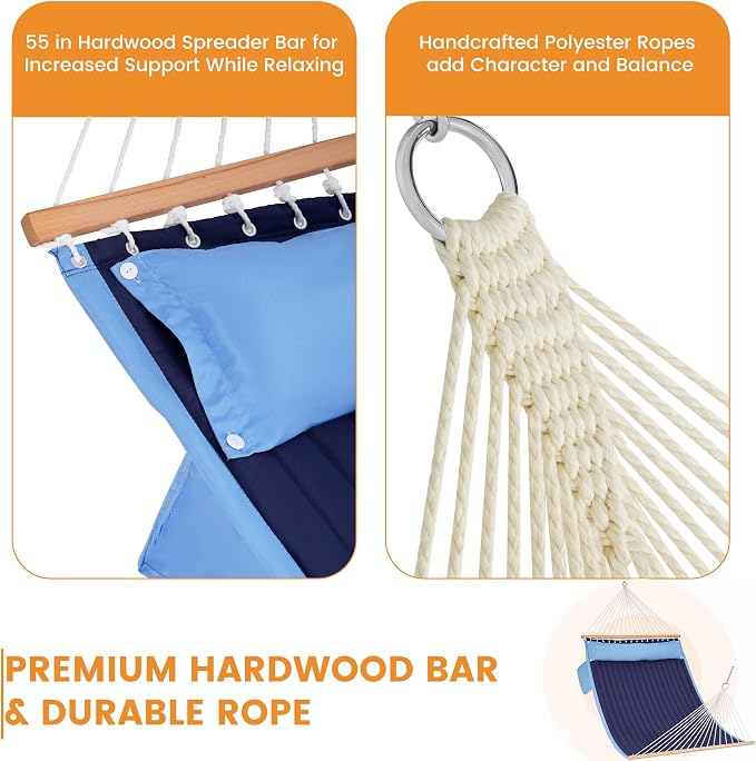 Lazy Daze Hammocks 2 Person Double Quilted Hammock with Spreader Bar, Detachable Pillow & Side Pocket, 450lbs Capacity for Patio Yard Garden Outdoor, Blue