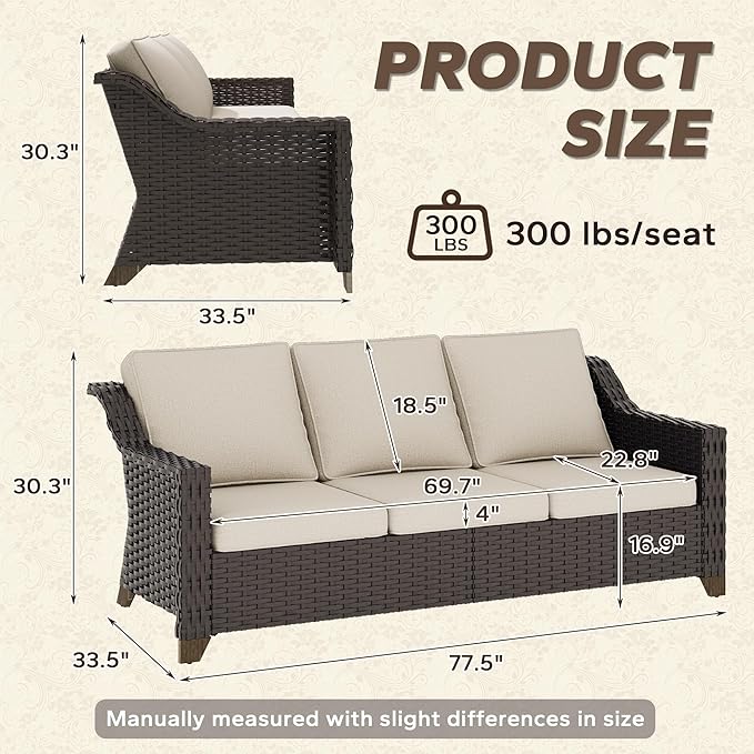 77'' Patio Sofa, All Weather Outdoor Rattan Wicker 3-Seat Sofa High Back Couch with Premium Cushions for Garden Backyard Porch(Brown/Beige)