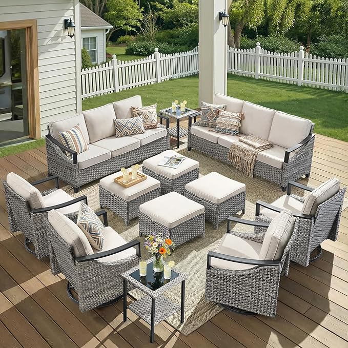 12 Piece Wicker Patio Furniture Sets-High Back Wicker Swivel Rocker Patio Chairs Set of 4 with Thick Cushions Ottomans, Outdoor Sofa, Patio Conversation Sets for Porch Balcony Patio Deck Grey/Beige