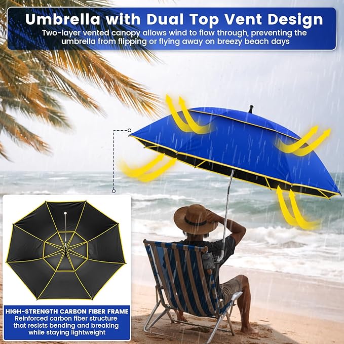 Chair Umbrella with Clamp,2PACK 53 inches Double Canopy Beach Chair Umbrella with Universal Clamp,50+ UV Protection,360° Swivel,Folding Clip on Sun Umbrellas for Table,Camping,Bench Chairs,Golf Cart