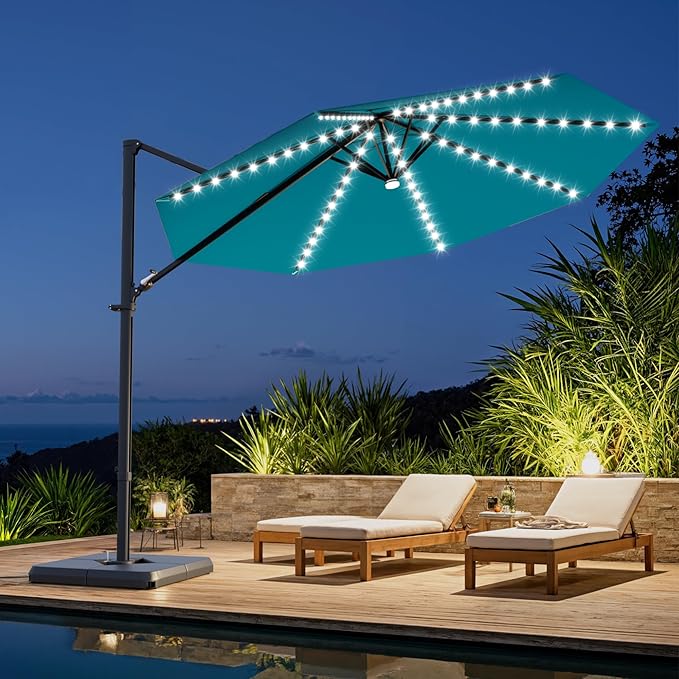 Greesum 10FT Outdoor Patio Umbrella with High Pedel and 4 Gear Heights, Large Offset Umbrella with Solar LED Lights and 360-degree Rotation, Without Base, Hanging Outdoor Shade for Garden, Light Blue