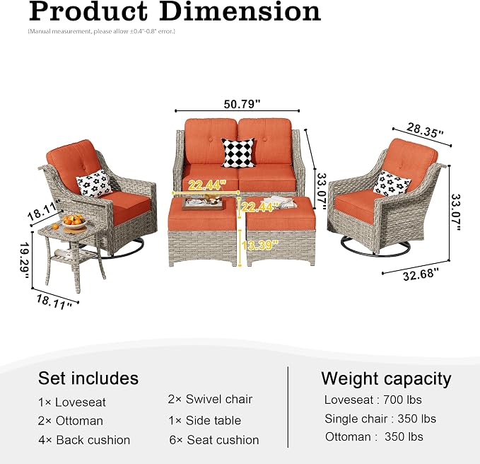 HOOOWOOO 6 Piece Patio Furniture Conversation Sets with Swivel Rocking Chairs,Outdoor Wicker Furniture with Ottoman,All Weather Resistant High Back Rattan Conversational Set(Red)