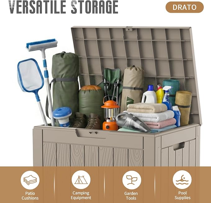 DRATO 35 Gallon Outdoor Storage Box Waterproof, Lockable Resin Deck Box with Lid for Patio Furniture Bench, Pool Garden Tools, Weatherproof Outside Storage Bin for Backyard Porch (Grey, 35 Gallon)