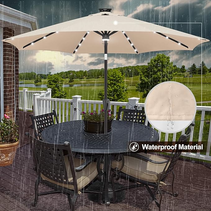 FLAME&SHADE 9 FT outdoor umbrella with 40LED lights, solar light patio umbrella with Centre Surround Light, Table Market Umbrella Outdoor Patiofor Deck, Pool, Backyard, Garden (Beige)