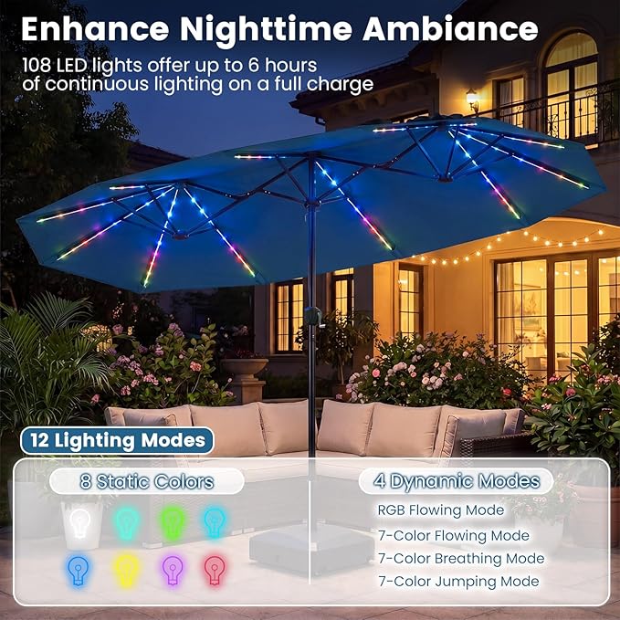 Tangkula 13 Ft Solar Patio Umbrella, Double-Sided Extra Large Outdoor Market Table Umbrella with Multi-Colored Flowing LED Lights, Crank Handle, 12 Sturdy Ribs for Poolside, Garden & Backyard (Navy)