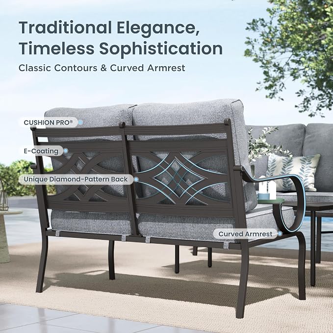 PHI VILLA Patio Furniture Set, 4 Rocking Chairs and a 28" Square Fire Pit Table, Outdoor Metal Conversation Set with 5.75" Extra Thick Cushion for Garden Backyard Deck, Grey
