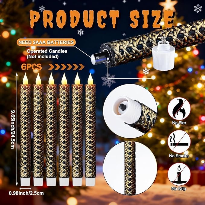 6 Pcs Black and Gold Flameless Taper Candles - 9.65 Inch Battery Operated LED Candlesticks with Flickering Flame for Elegant Table, Wedding & Home Decor