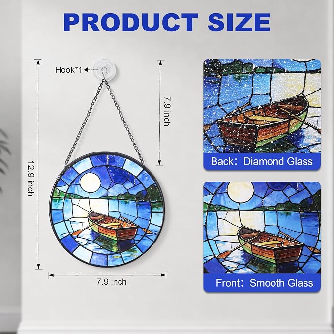 Hanging Stained Glass for Windows,20cm/7.87inch The Boat Beneath the Moon Stained Glass Suncatcher with Chain Garden Diamond Glass Panel Hangings Decoration for Family Friends Colleagues