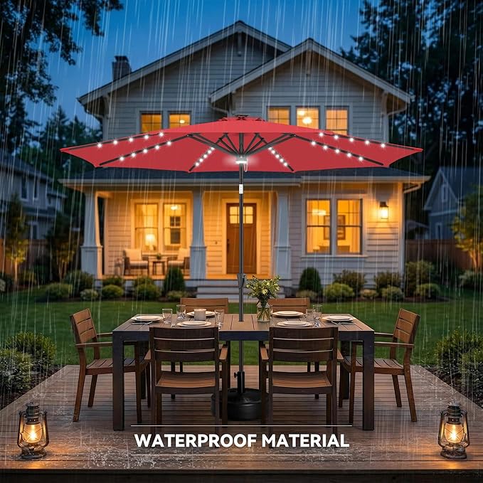 10ft Solar Umbrella Outdoor - Lighted Solar Patio Umbrella with 40 LED Lights Waterproof UV Protection, Table Umbrella with Tilt for Pool, Porch, Garden, Deck, Backyard (Red)
