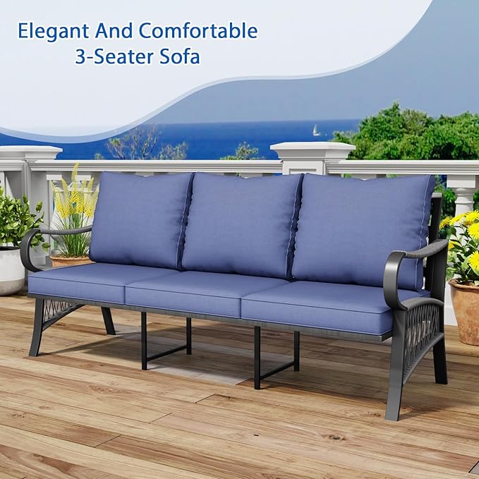 5 Piece Patio Furniture Set, 7 Seat Metal Outdoor Sectional Sofa Set with Thick Cushions, All Weather Patio Conversation Set with Coffee Table for Garden, Porch, Lawn, Blue