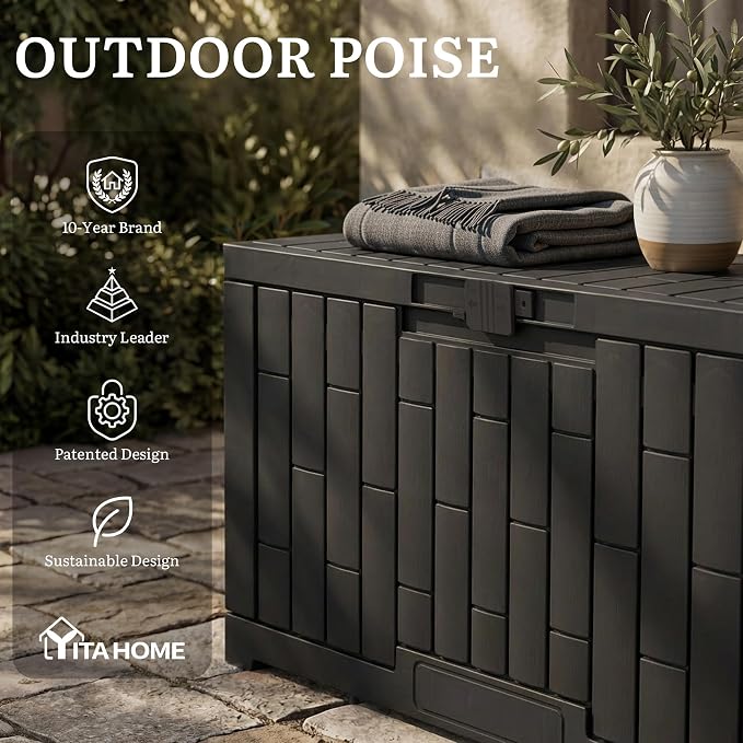 YITAHOME 60 Gallon Outdoor Storage Box, Large Water Resistant Resin Deck Box with Slide-Locking, Indoor Outdoor Bamboo-Textured Storage Container for Patio, Garden, Cushions, Tools, Equipment (Black)