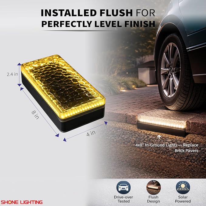 4x8 Solar Ground Lights, 12-Color Paver Light, RGB-W, 2Pack | Outdoor Waterproof, Recessed Lighting Bricks, Color Changing, Driveway, Pathway, Landscape, Heavy Duty, Car Weight Bearing