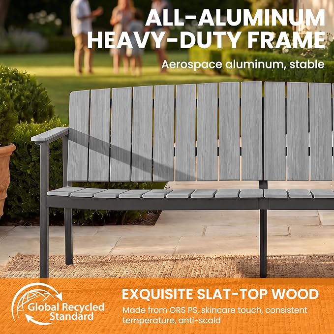 Outdoor Aluminum Sofa, All-Weather Outdoor Seating Sofa Aluminum Frame HDPS Faux Wood, Patio Sofa Couch for Porch, Balcony, Deck, Yard Grey