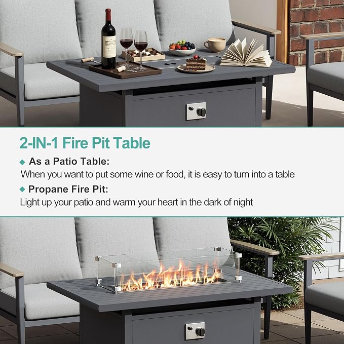Aluminum Outdoor Patio Furniture Set with Swivel Rocking Chairs 7-Seat, Patio Sectional Sofa Patio Conversation Set with 55,000 BTU Fire Pit Table High Backrest & Thickened Cushions, Grey