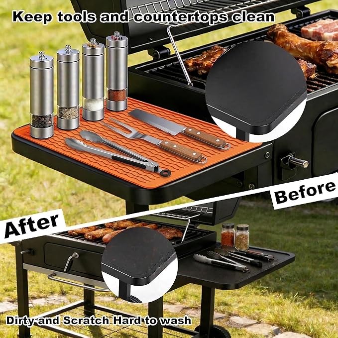 Silicone Grill Tools Mat for Blackstone Weber Traeger Pit Boss Flat Top Grill Smoker,BBQ Accessories Pad Mats for Outdoor Kitchen Counter Cooking, Side Shelf Spatula Mat,Gifts for Men (Orange)