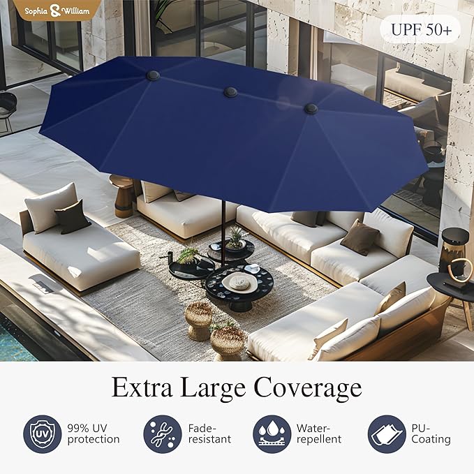 Sophia & William Patio Set with Umbrella Patio Dining Set for 6 with 13ft Rectangle Patio Umbrella Navy, 6 x Patio Chairs Brown, 1 Wood Like Outdoor Dining Table with Umbrella Hole for Lawn Garden